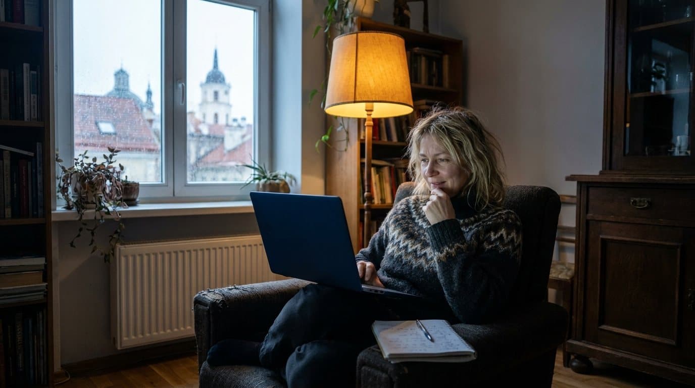 Moteris savo svetainėje kalbasi su advokatu vaizdo skambučiu